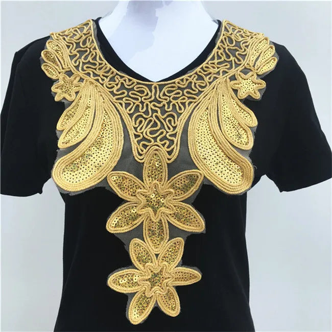 1pcs Gold collar Silver Craft Venise Sequins Floral Embroidered Applique Trim Decorated Lace Neckline Collars Sewing Accessories