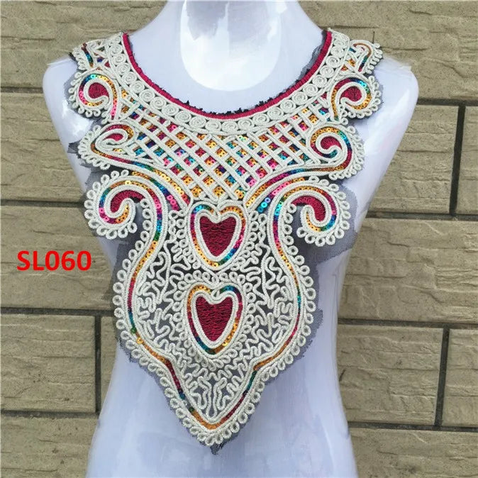 1pcs Gold collar Silver Craft Venise Sequins Floral Embroidered Applique Trim Decorated Lace Neckline Collars Sewing Accessories