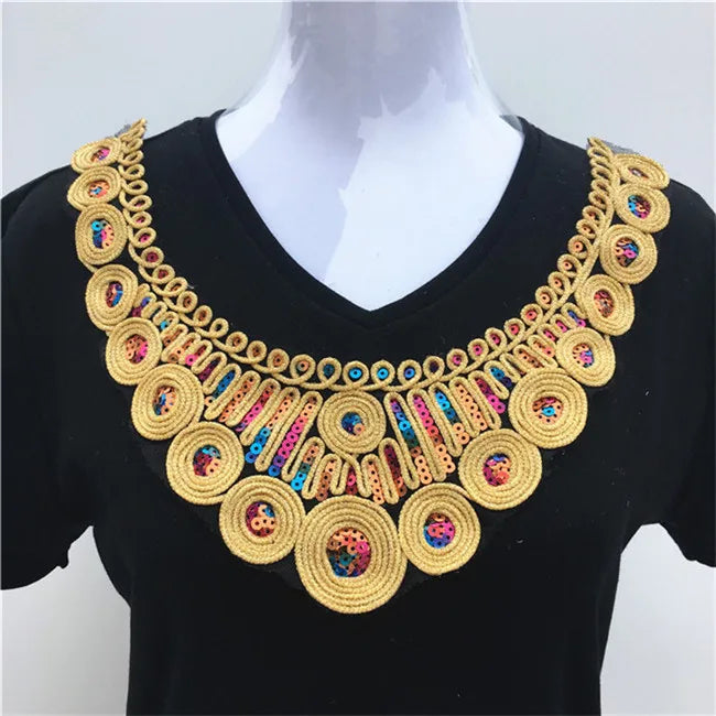 1pcs Gold collar Silver Craft Venise Sequins Floral Embroidered Applique Trim Decorated Lace Neckline Collars Sewing Accessories