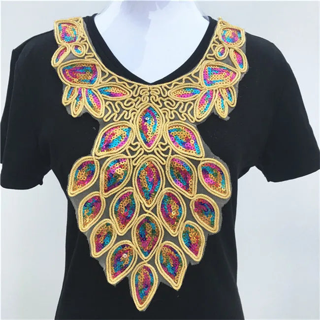 1pcs Gold collar Silver Craft Venise Sequins Floral Embroidered Applique Trim Decorated Lace Neckline Collars Sewing Accessories