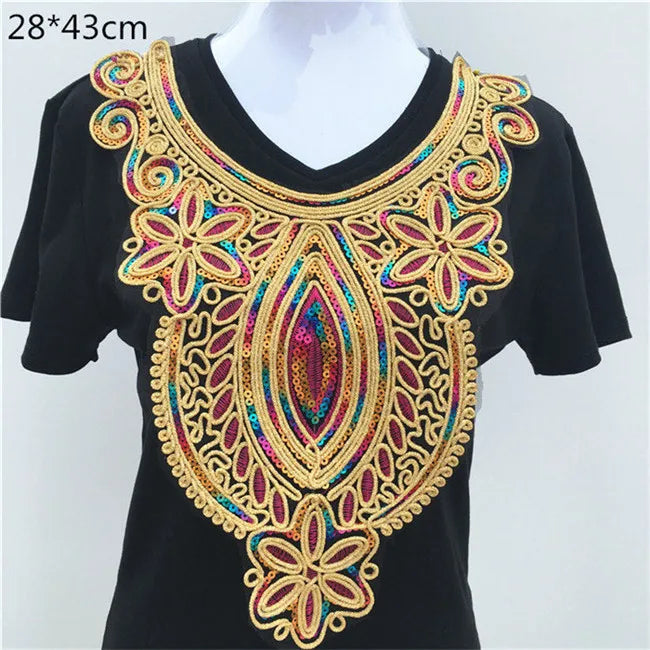 1pcs Gold collar Silver Craft Venise Sequins Floral Embroidered Applique Trim Decorated Lace Neckline Collars Sewing Accessories