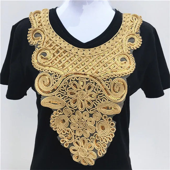 1pcs Gold collar Silver Craft Venise Sequins Floral Embroidered Applique Trim Decorated Lace Neckline Collars Sewing Accessories